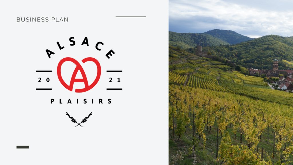 Couverture du business plan Alsace Plaisirs, logo bretzel rouge et vignoble alsacien