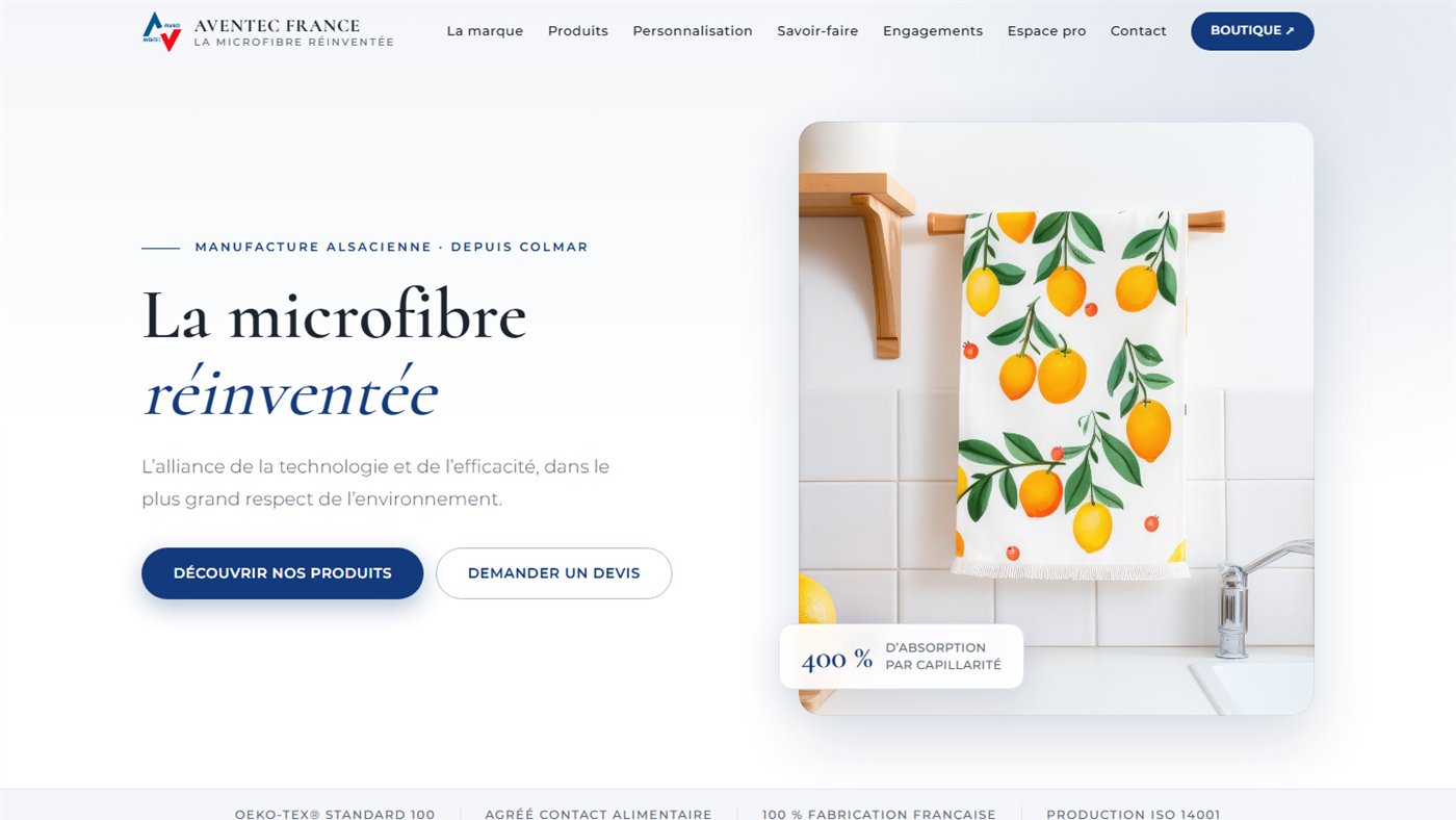Page d'accueil du site Aventec France : titre La microfibre réinventée et photo d'un torchon aux motifs de citrons