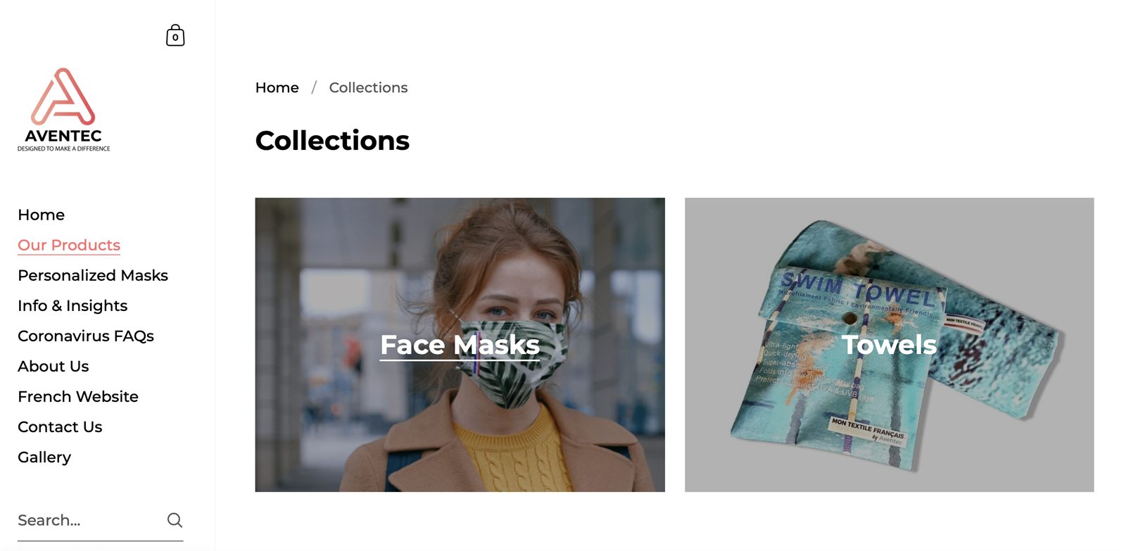 Collections de la boutique Shopify : masques et serviettes