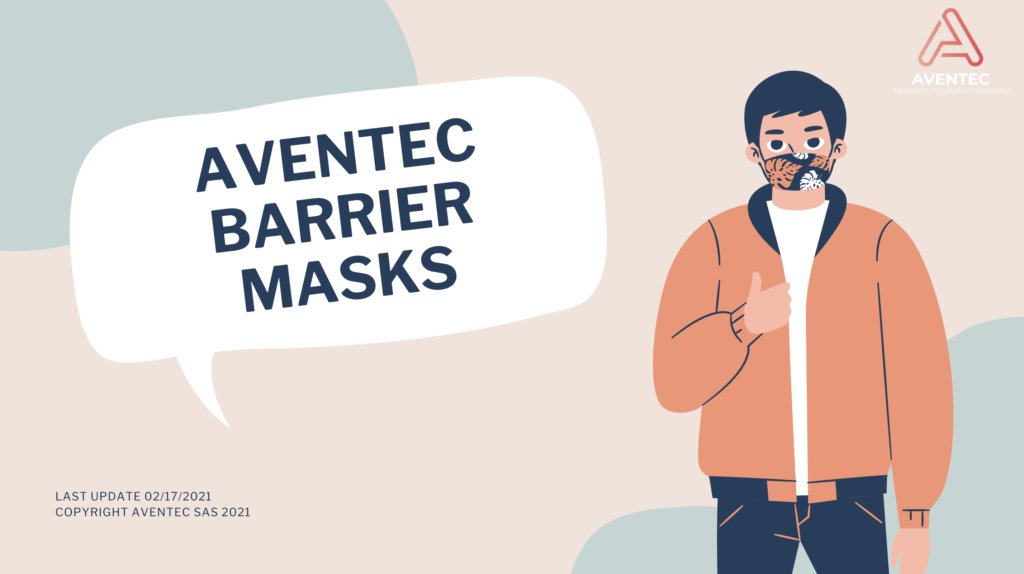 Visuel de marque Aventec Barrier Masks, personnage portant un masque en tissu