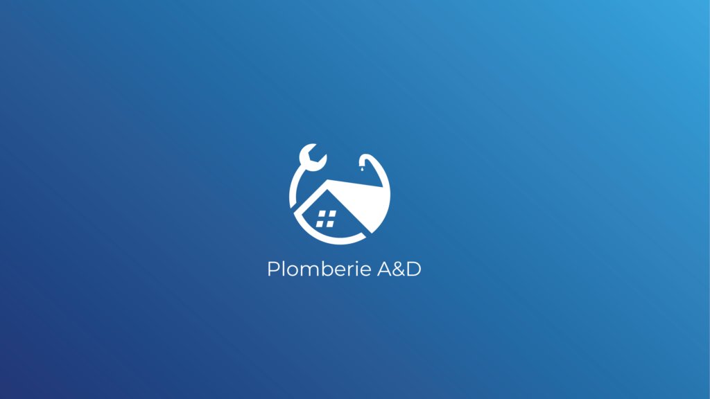 Proposition de logo Plomberie A&D, maison et clé à molette en blanc sur fond bleu